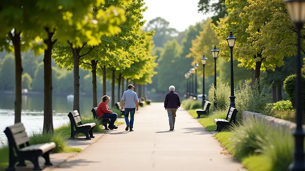 Přístupná říční promenáda v Praze s lavičkami a zábradlím